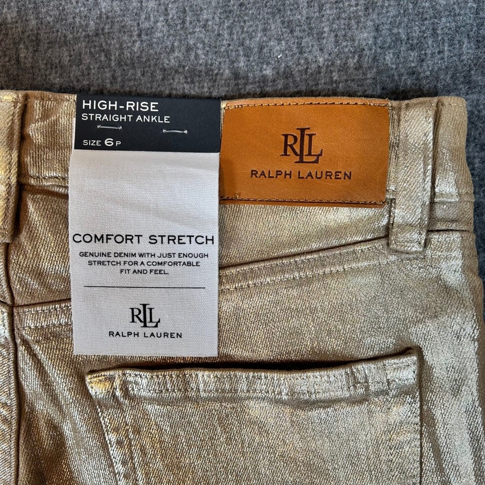 Ralph Lauren‎ Gold Metallic High Rise Straight Ankle Jeans 6P Fits 30x25 New - Picture 5 of 8